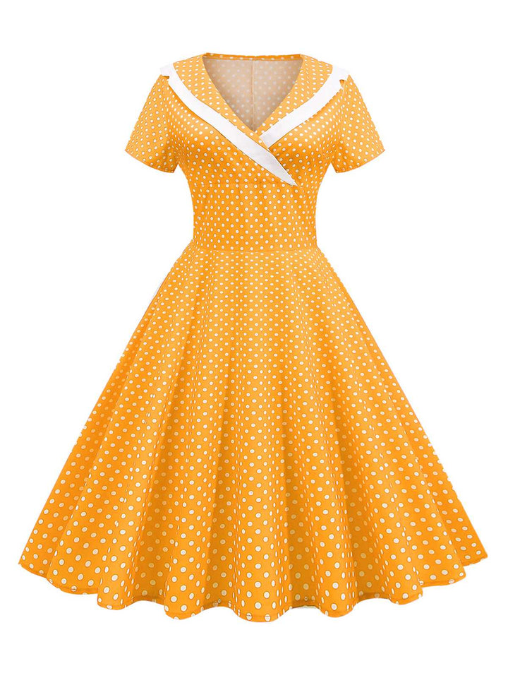 1950s V-Neck Polka Dots Swing Dress, vintage dress, retro fashion, rockabilly, pin-up fashion - perfect for women who love vintage and retro fashion
