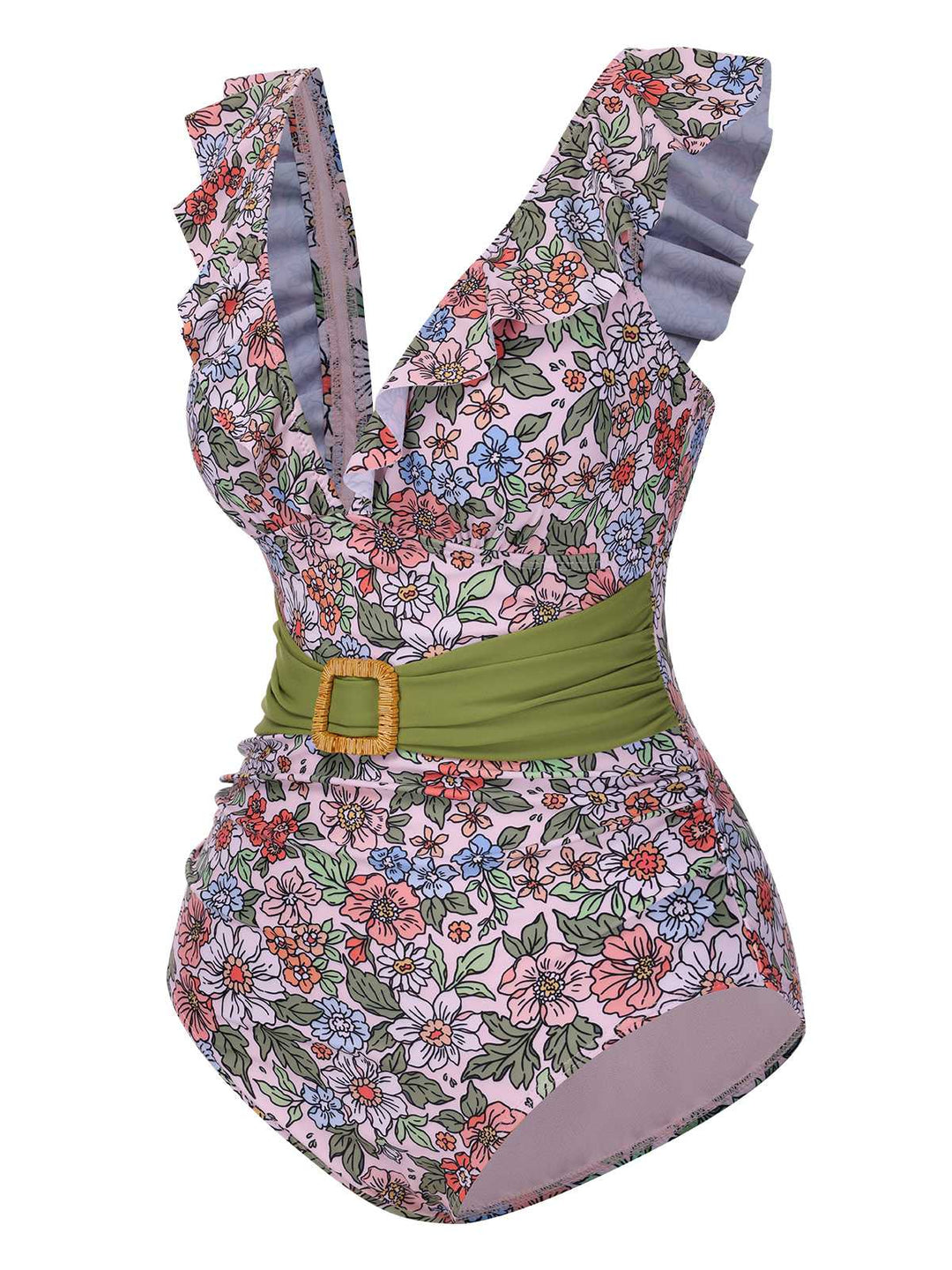 V-Neck Ruffle Shoulder Belted Swimsuit: Riviera elegance, reimagined for her