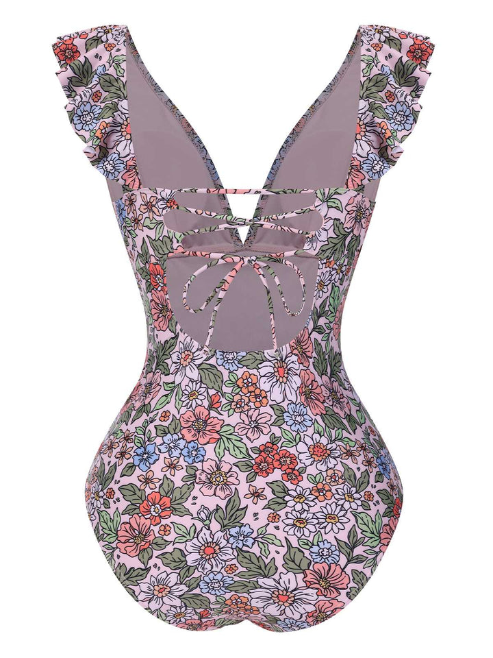 This V-Neck Ruffle Shoulder Belted Swimsuit carries vacation dreams in every stitch