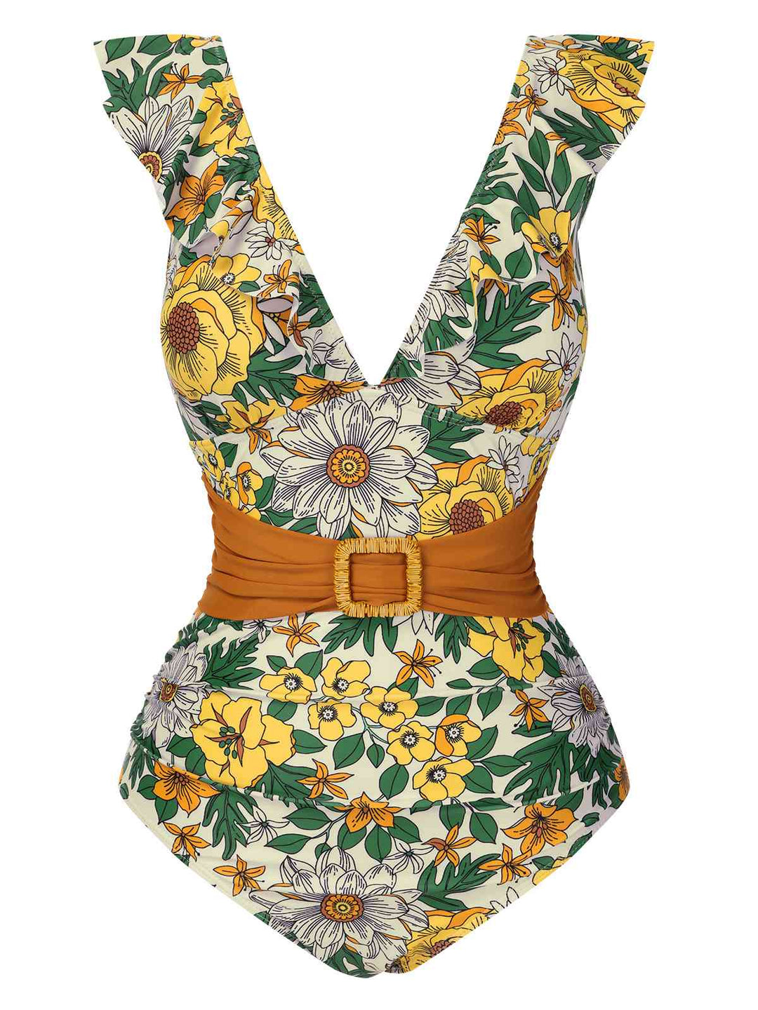 V-Neck Ruffle Shoulder Belted Swimsuit — poolside glamour meets sun-drenched confidence