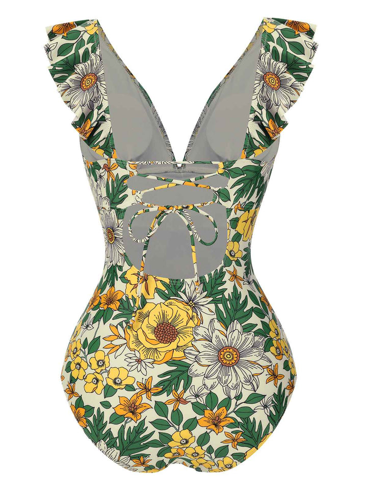 V-Neck Ruffle Shoulder Belted Swimsuit: Riviera elegance, reimagined for her