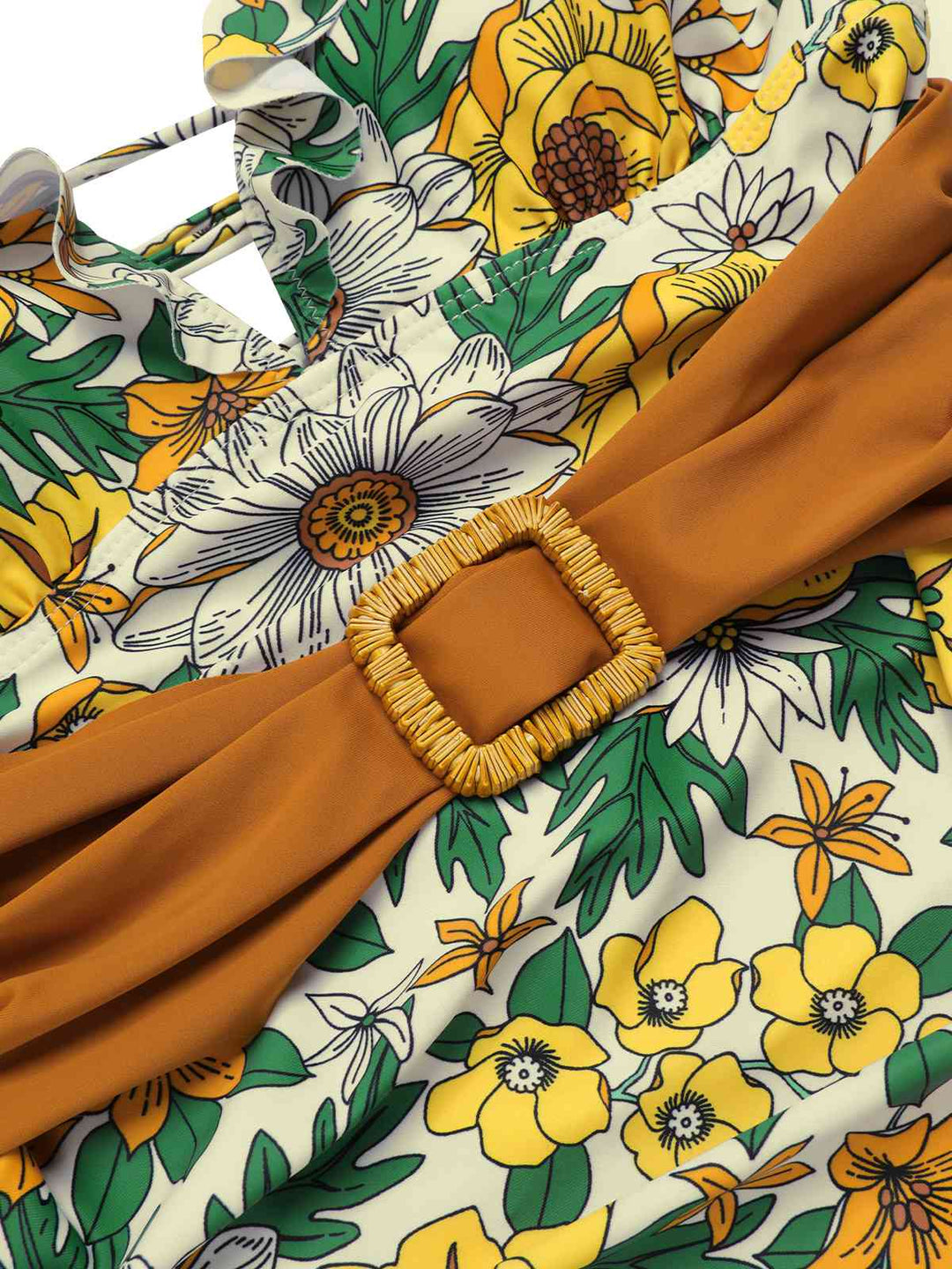 This V-Neck Ruffle Shoulder Belted Swimsuit carries vacation dreams in every stitch