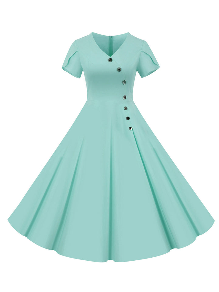 1950s V-Neck Single-Breasted Solid Dress: timeless style reimagined