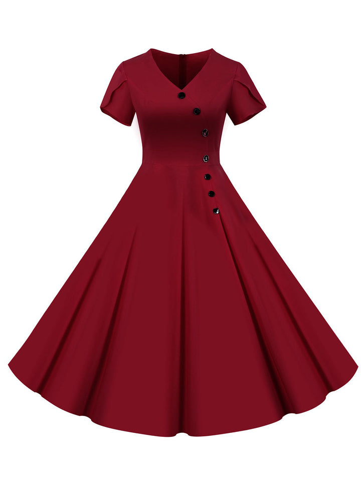 1950s V-Neck Single-Breasted Solid Dress: timeless style reimagined