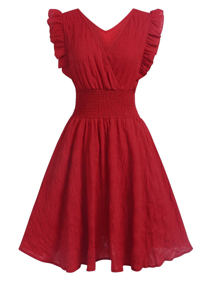She slips into this 1950s V-Neck Smocked Waist Ruffles Sleeveless Dress and suddenly it&