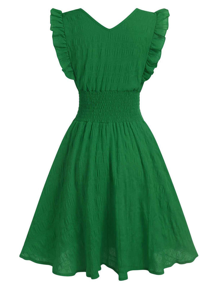 1950s V-Neck Smocked Waist Ruffles Sleeveless Dress — a 1950s silhouette that turns sidewalks into runways