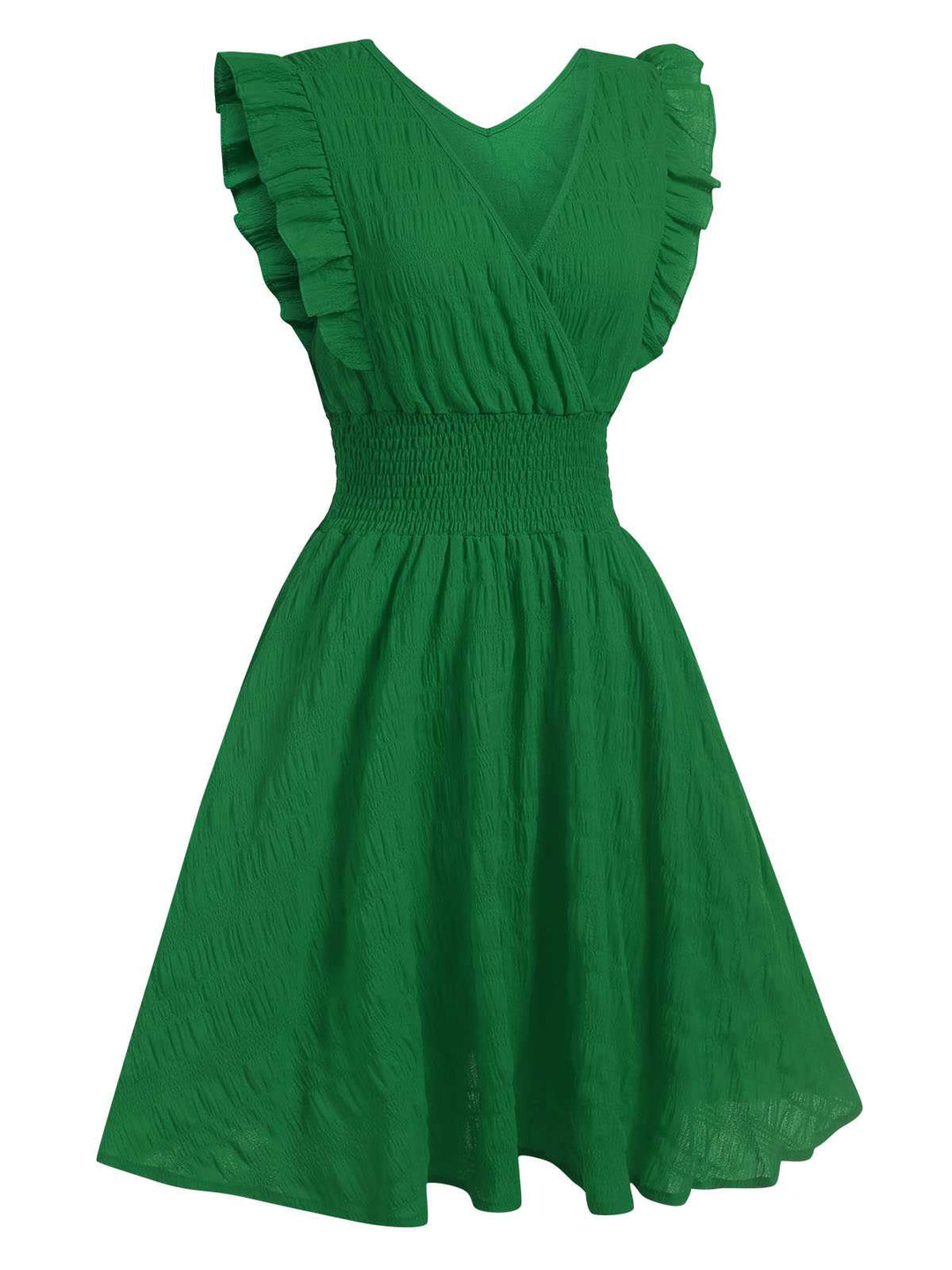 She slips into this 1950s V-Neck Smocked Waist Ruffles Sleeveless Dress and suddenly it&