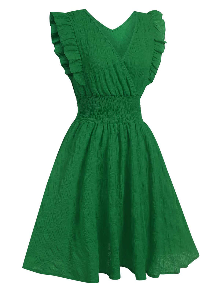 She slips into this 1950s V-Neck Smocked Waist Ruffles Sleeveless Dress and suddenly it&