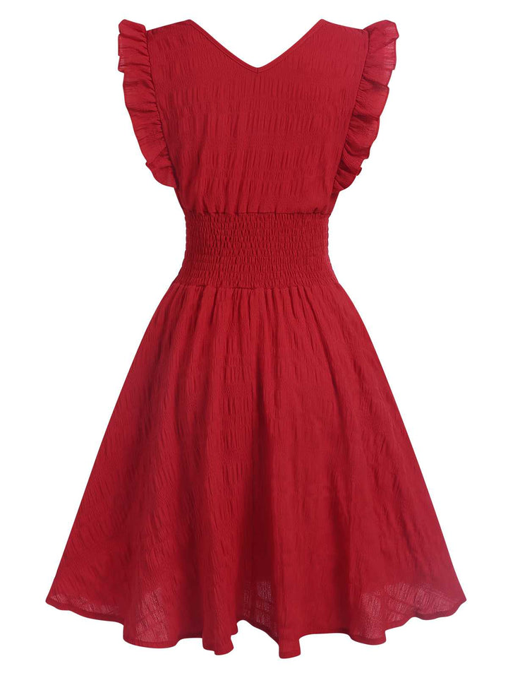 1950s V-Neck Smocked Waist Ruffles Sleeveless Dress: where 1950s romance meets her modern spirit