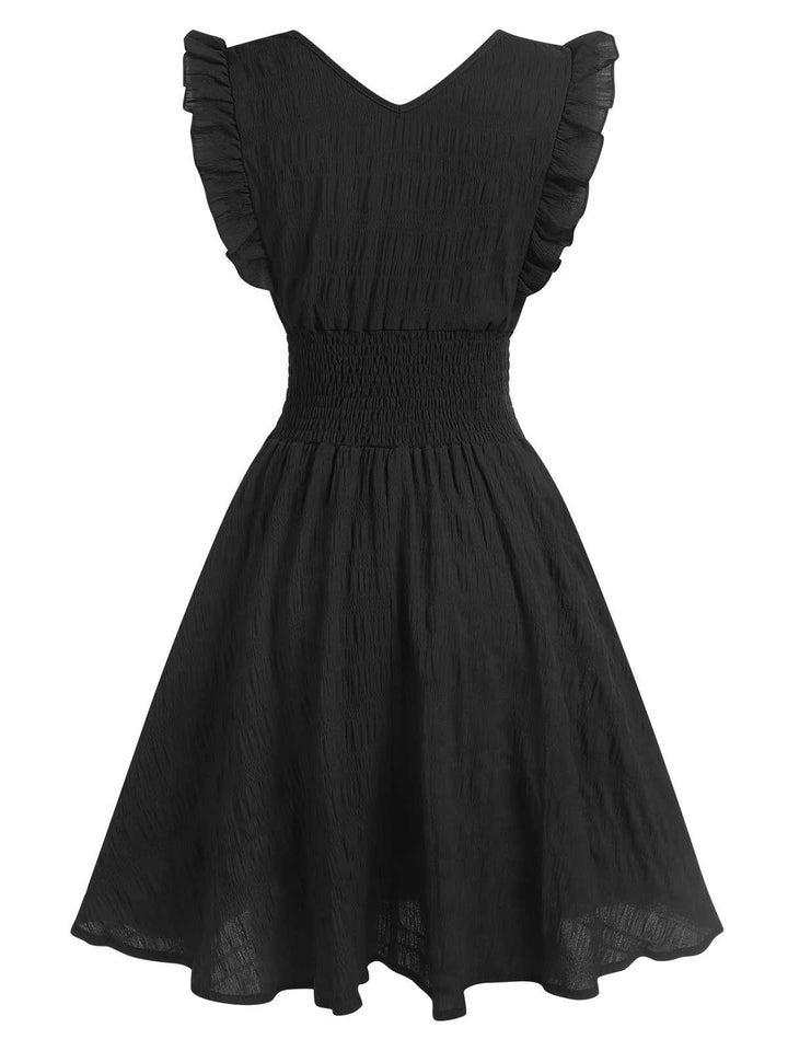 She slips into this 1950s V-Neck Smocked Waist Ruffles Sleeveless Dress and suddenly it&