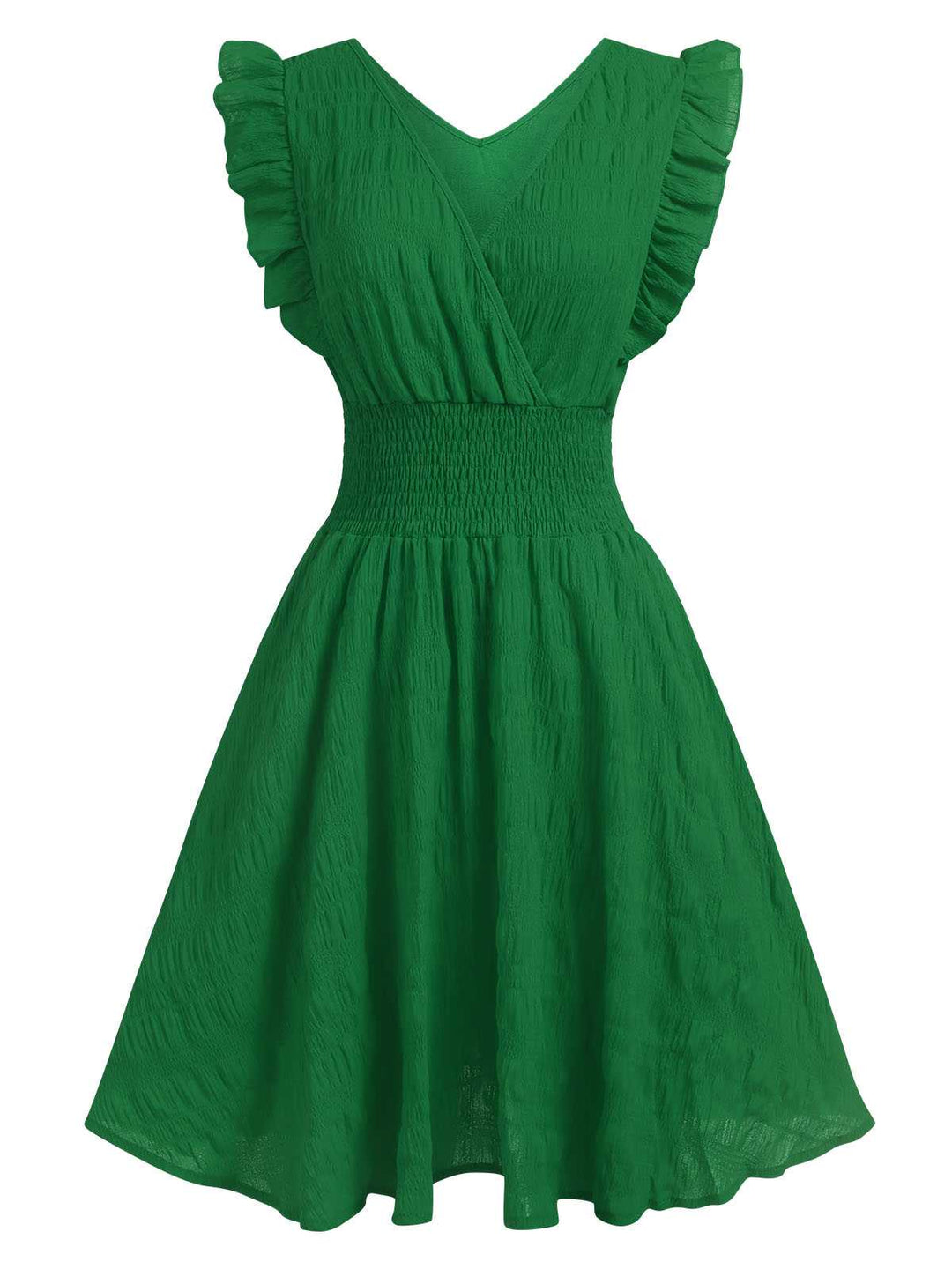 1950s V-Neck Smocked Waist Ruffles Sleeveless Dress — the kind of 1950s dress that makes strangers smile