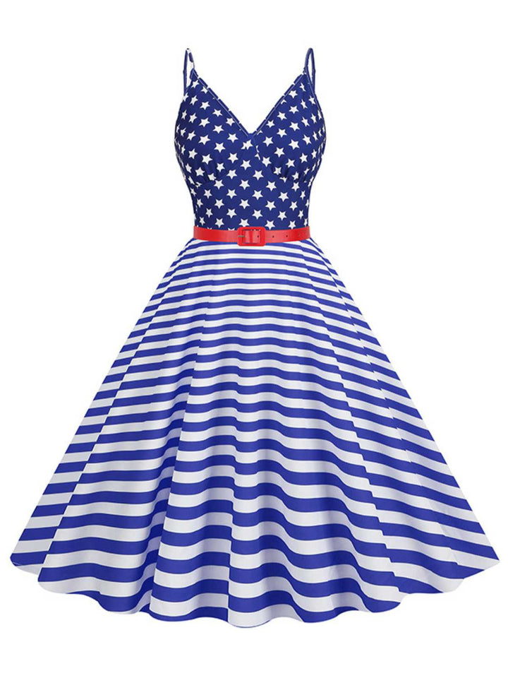 1950s V-Neck Star Stripes Flag Belted Swing Dress - vintage dress, retro fashion, rockabilly