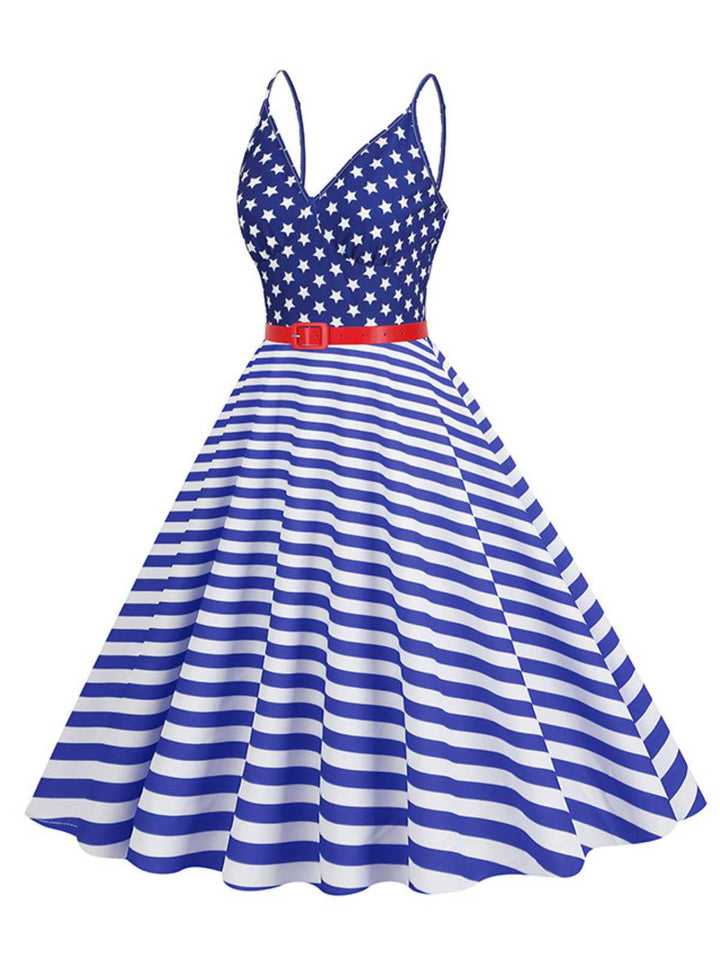 1950s V-Neck Star Stripes Flag Belted Swing Dress - vintage dress, retro fashion, rockabilly