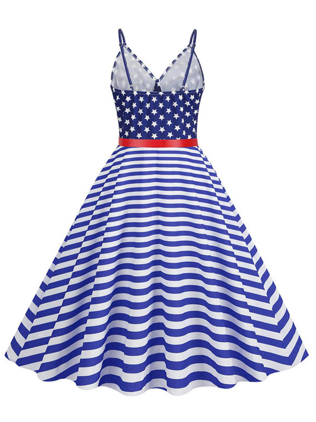 1950s V-Neck Star Stripes Flag Belted Swing Dress - vintage dress, retro fashion, rockabilly