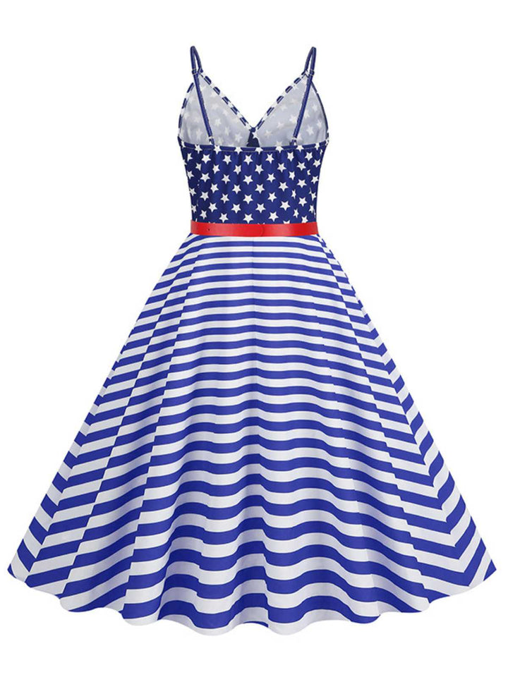 1950s V-Neck Star Stripes Flag Belted Swing Dress - vintage dress, retro fashion, rockabilly