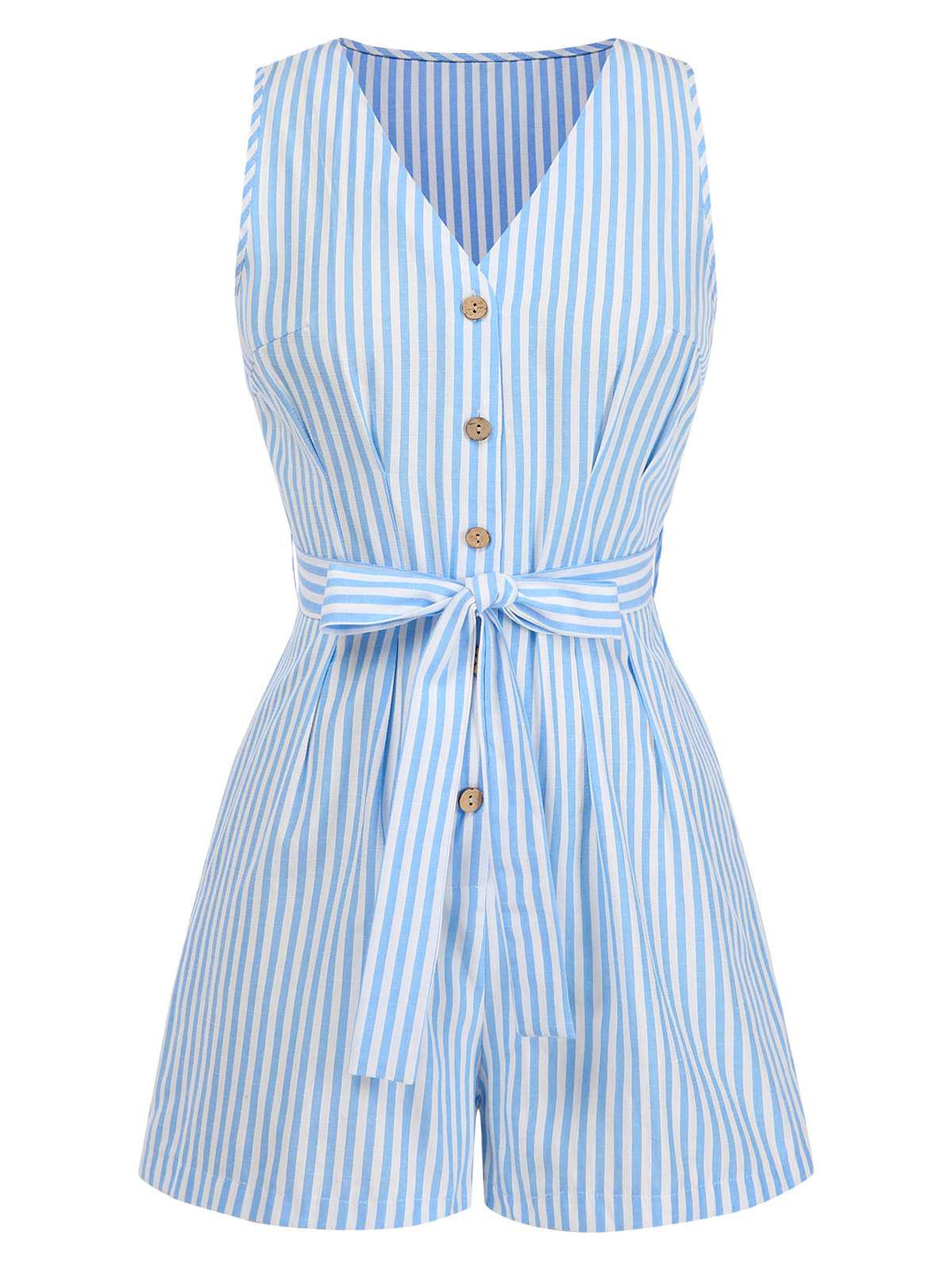 She adds this 1950s V-Neck Stripes Sleeveless Belted Romper and suddenly it&
