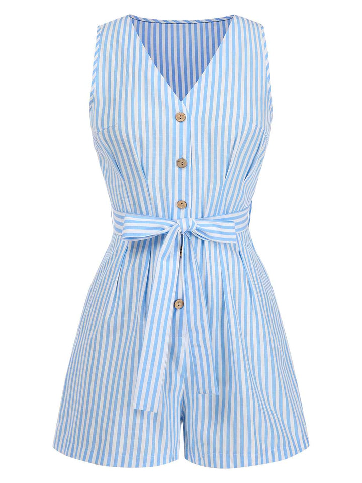 She adds this 1950s V-Neck Stripes Sleeveless Belted Romper and suddenly it&