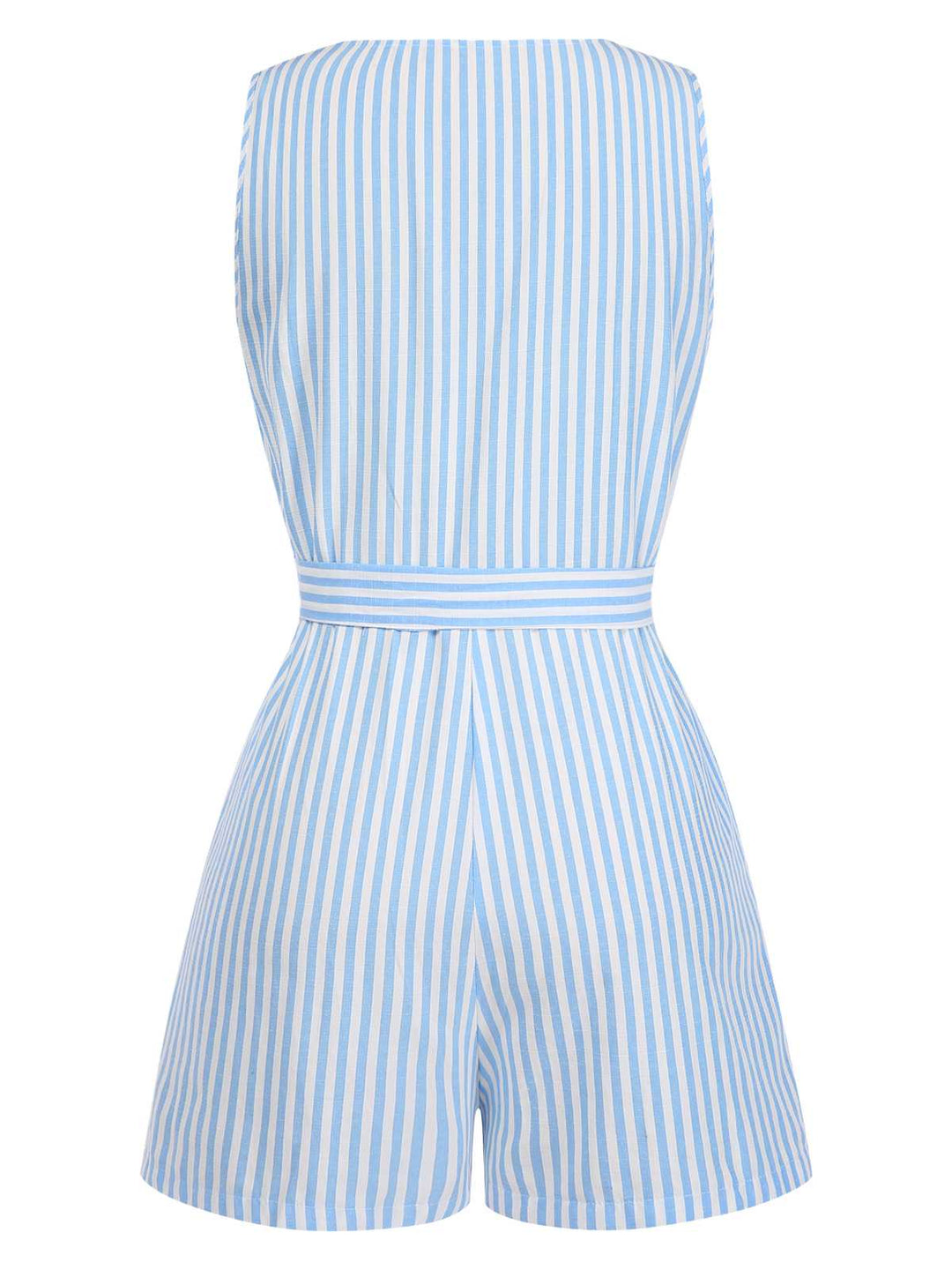 1950s V-Neck Stripes Sleeveless Belted Romper: 1950s detail work for the woman who notices