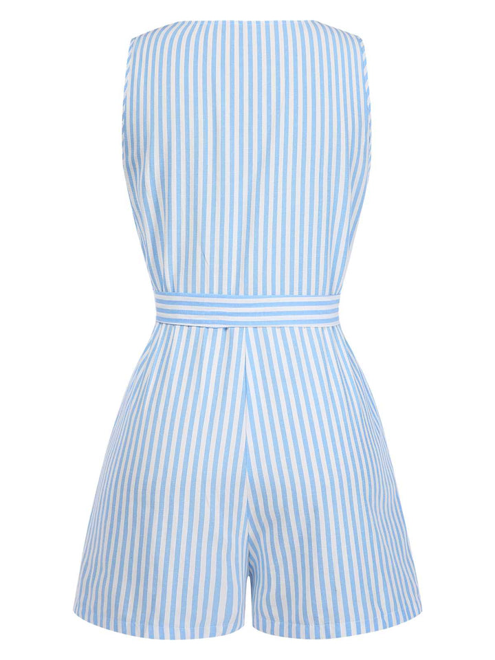 1950s V-Neck Stripes Sleeveless Belted Romper: 1950s detail work for the woman who notices
