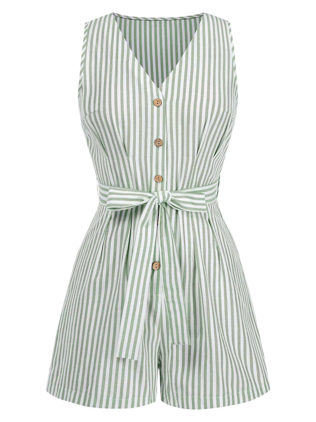 1950s V-Neck Stripes Sleeveless Belted Romper — 1950s elegance in the palm of her hand