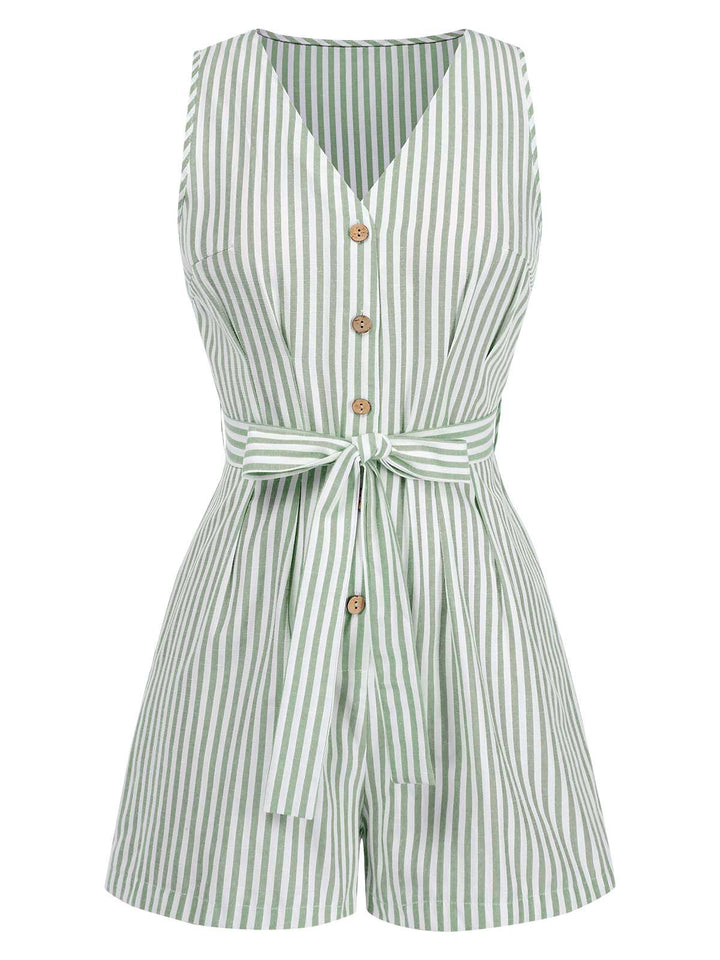 1950s V-Neck Stripes Sleeveless Belted Romper — 1950s elegance in the palm of her hand