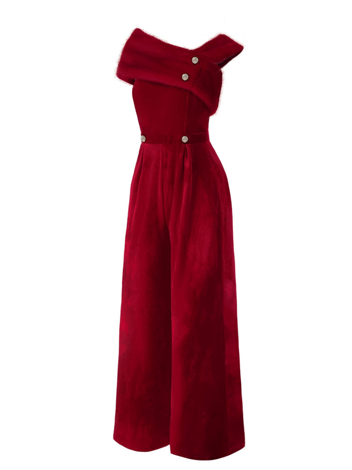 1950s Velvet Off Shoulder Button Jumpsuit — 1950s style that transcends decades