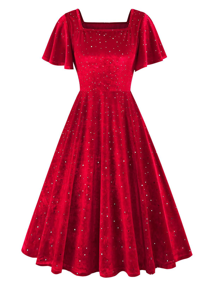 She slips into this 1950s Velvet Sparkling Solid A-Line Dress and suddenly it&