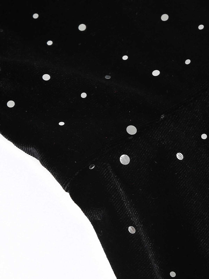She slips into this 1950s Velvet Sparkling Solid A-Line Dress and suddenly it&