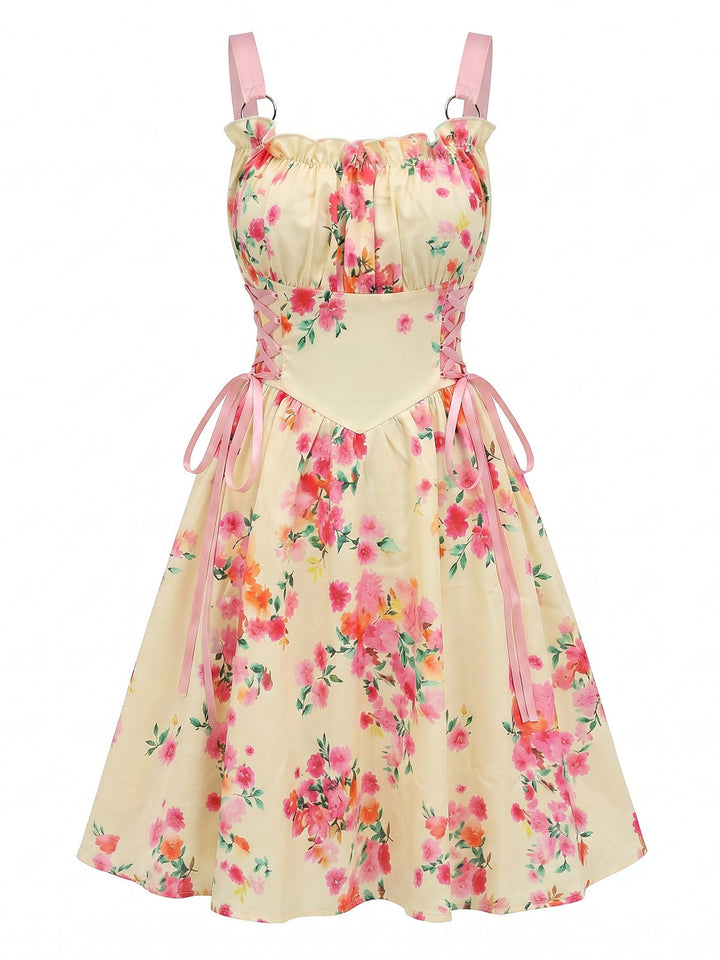 1950s Vintage Floral Lace-Up Swing Dress, vintage dress, retro fashion, rockabilly, pin-up fashion - perfect for women who love vintage and retro fashion