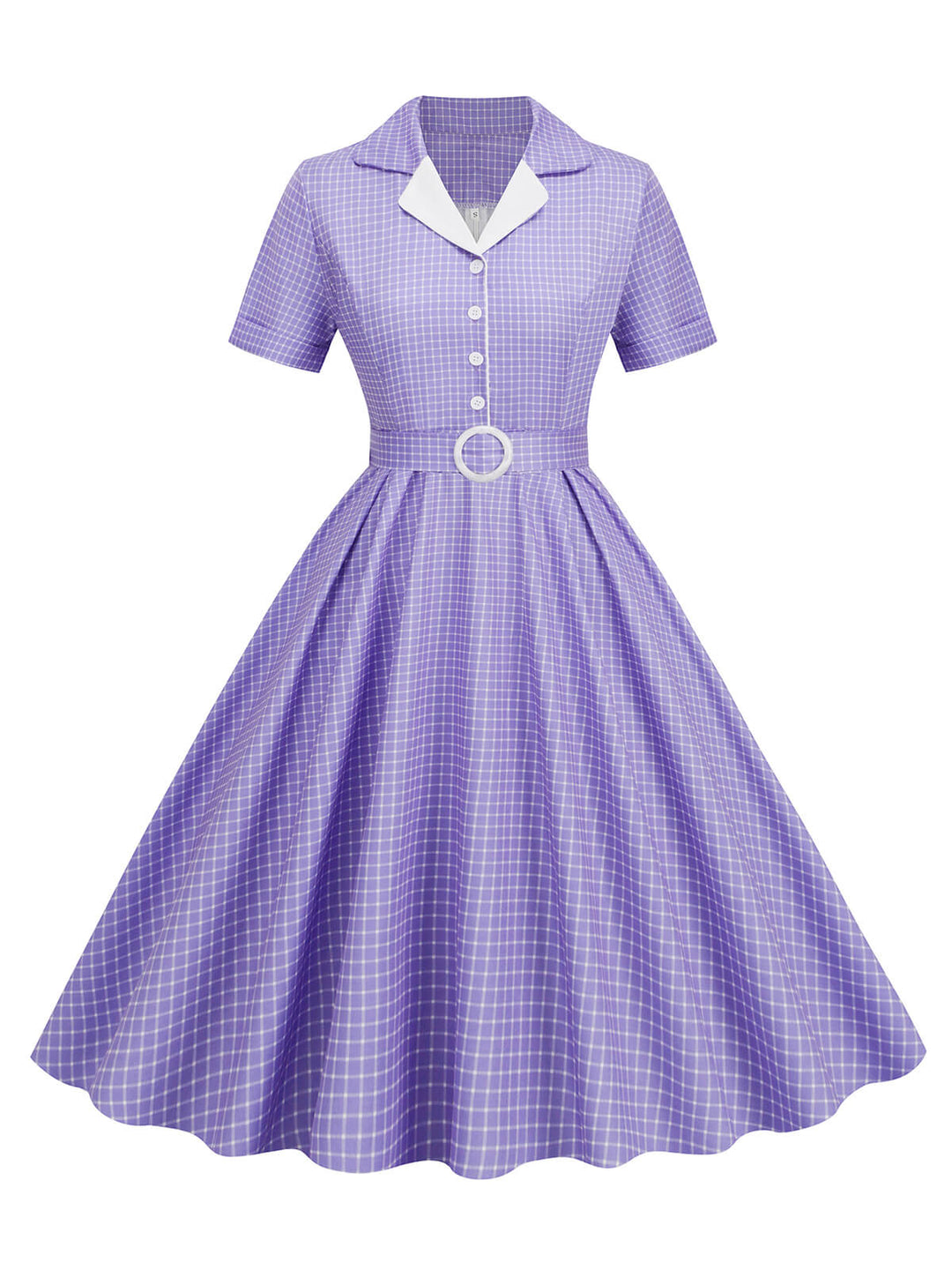 She slips into this 1950s Window Pane Plaid Lapel Swing Dress and suddenly it&