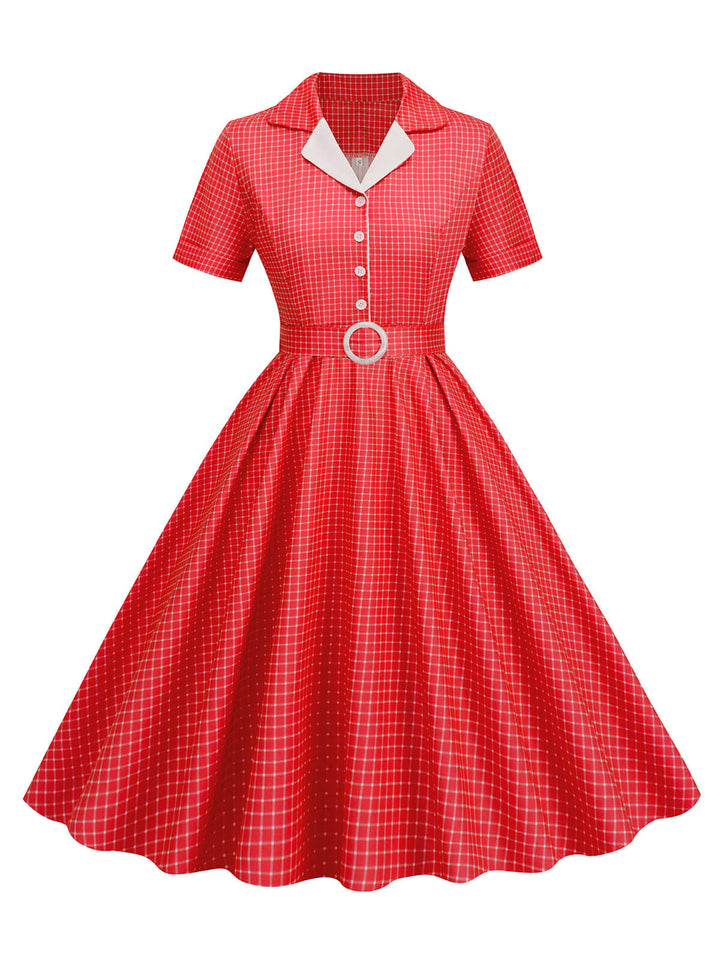 1950s Window Pane Plaid Lapel Swing Dress: where 1950s romance meets her modern spirit