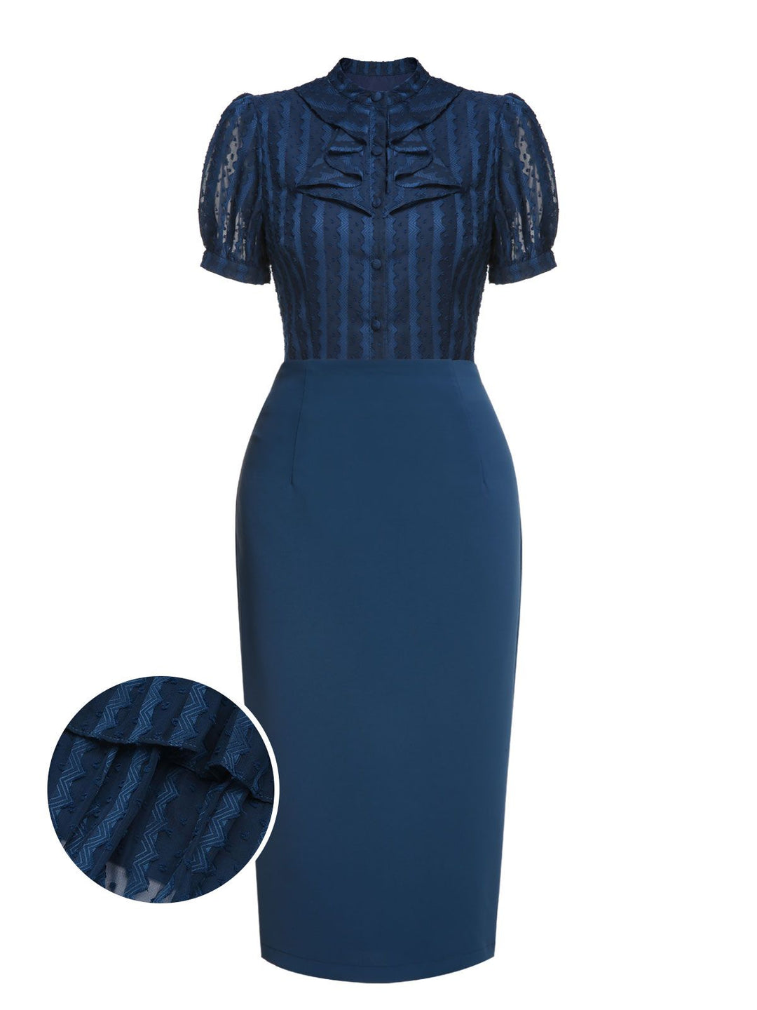 2PCS Navy Blue 1960s Stand Collar Shirt &amp; Solid Wrap Skirts - vintage skirt, style