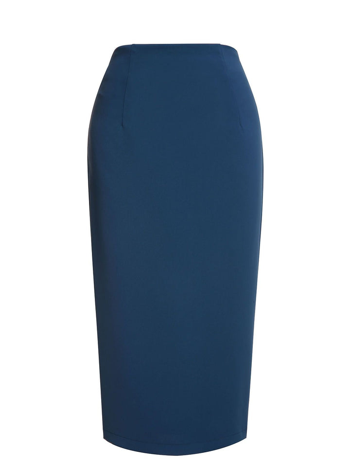 2PCS Navy Blue 1960s Stand Collar Shirt &amp; Solid Wrap Skirts - vintage skirt, style
