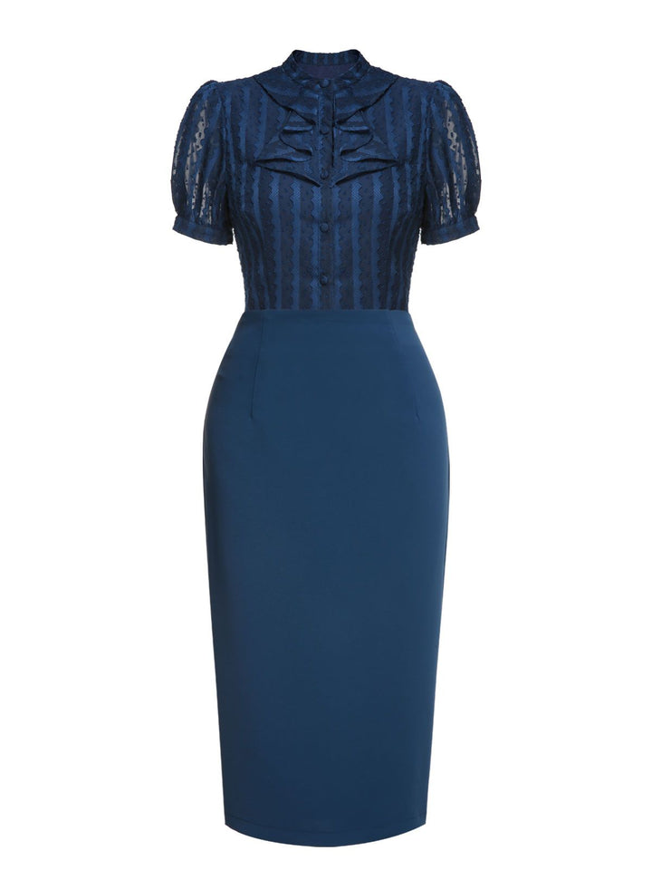 2PCS Navy Blue 1960s Stand Collar Shirt &amp; Solid Wrap Skirts - vintage skirt, style