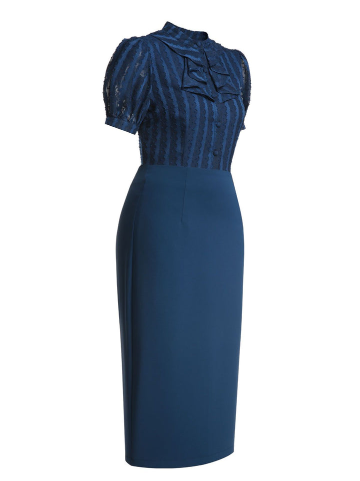 2PCS Navy Blue 1960s Stand Collar Shirt &amp; Solid Wrap Skirts - vintage skirt, style