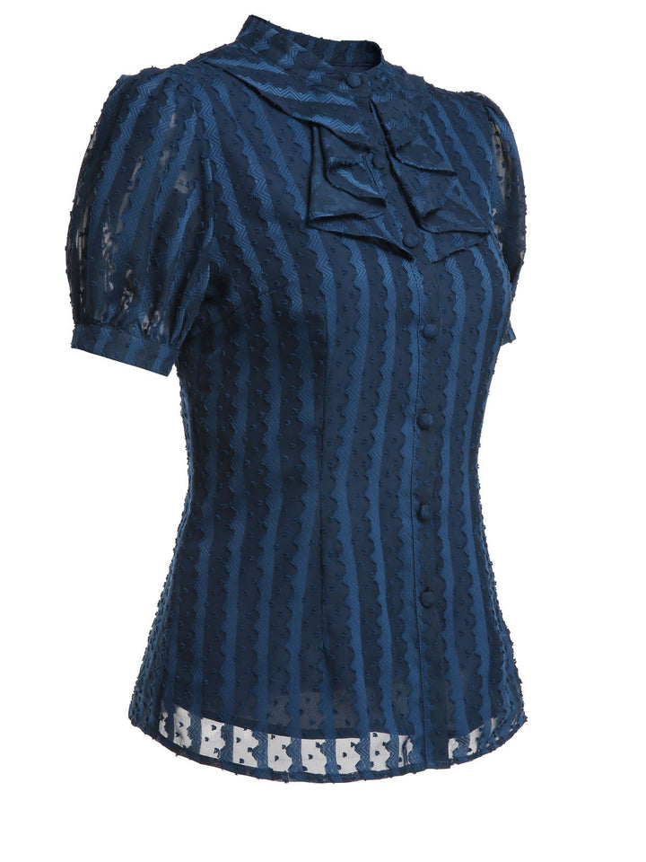 2PCS Navy Blue 1960s Stand Collar Shirt &amp; Solid Wrap Skirts - vintage skirt, style