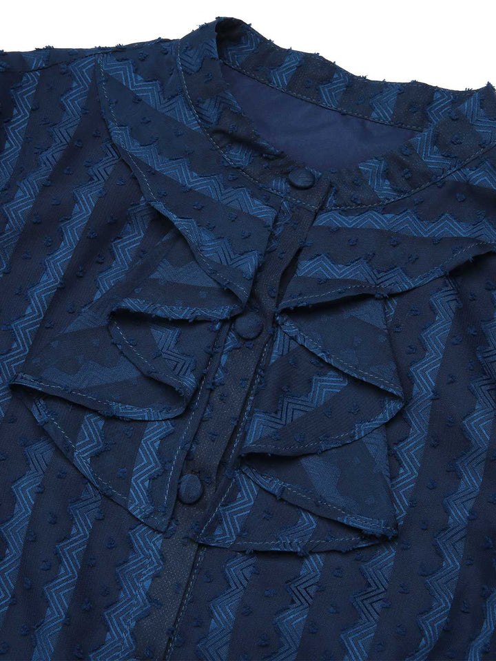2PCS Navy Blue 1960s Stand Collar Shirt &amp; Solid Wrap Skirts - vintage skirt, style
