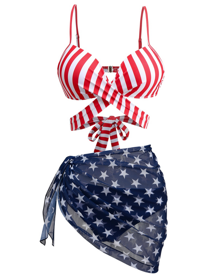 2PCS Red Striped Bikini Set &amp; Blue Star Cover-Up - vintage fashion, retro style, elegant red