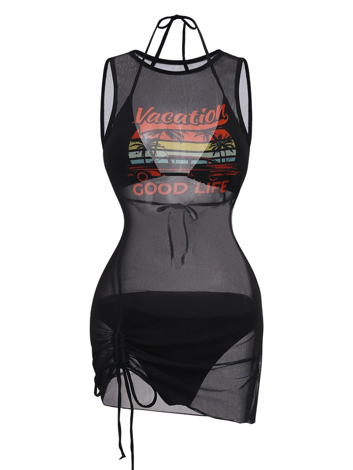 3PCS Black 1960s Vacation Print Mesh Halter Ruched Bikini Set &amp; Cover-Up - vintage fashion, retro style, classic black