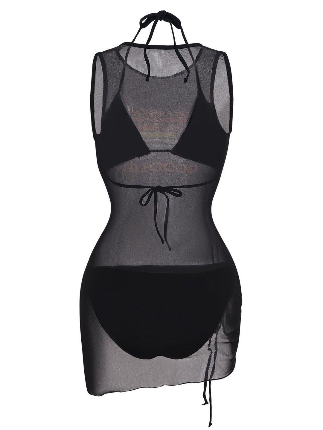 3PCS Black 1960s Vacation Print Mesh Halter Ruched Bikini Set &amp; Cover-Up - vintage fashion, retro style, classic black