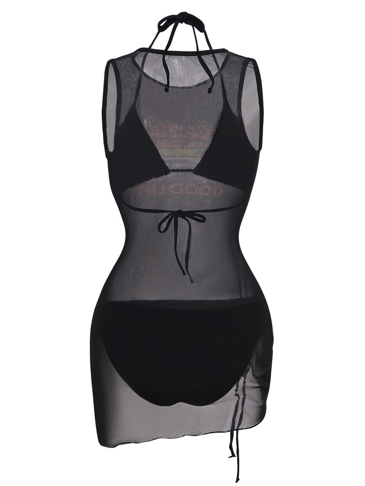 3PCS Black 1960s Vacation Print Mesh Halter Ruched Bikini Set &amp; Cover-Up - vintage fashion, retro style, classic black