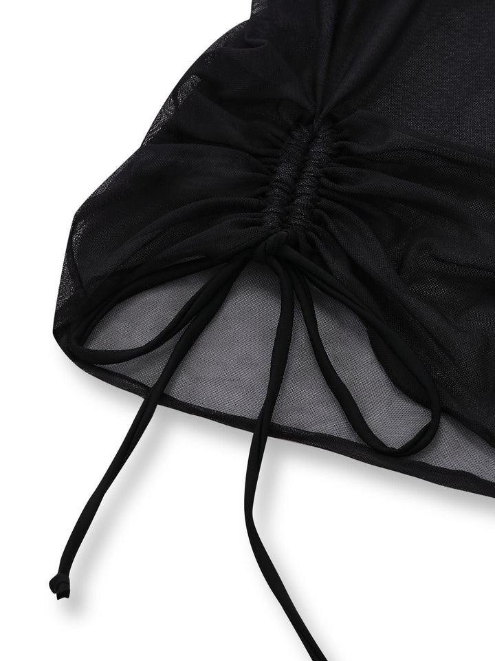 3PCS Black 1960s Vacation Print Mesh Halter Ruched Bikini Set &amp; Cover-Up - vintage fashion, retro style, classic black