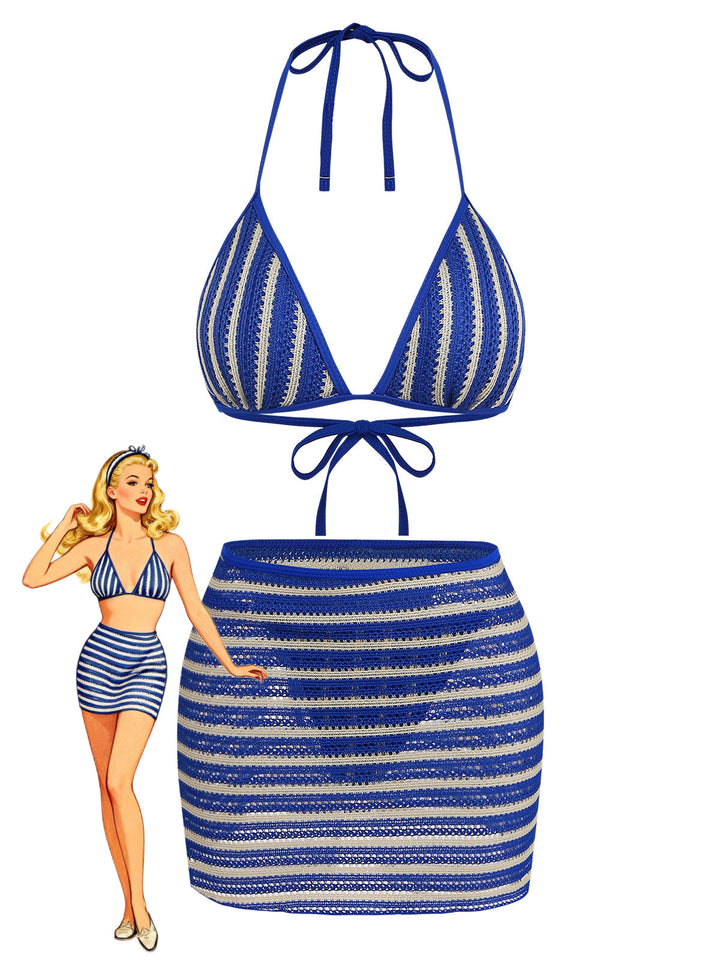 3PCS Blue 1960s Halter Striped Bikini Set &amp; Cover Up - vintage fashion, retro style