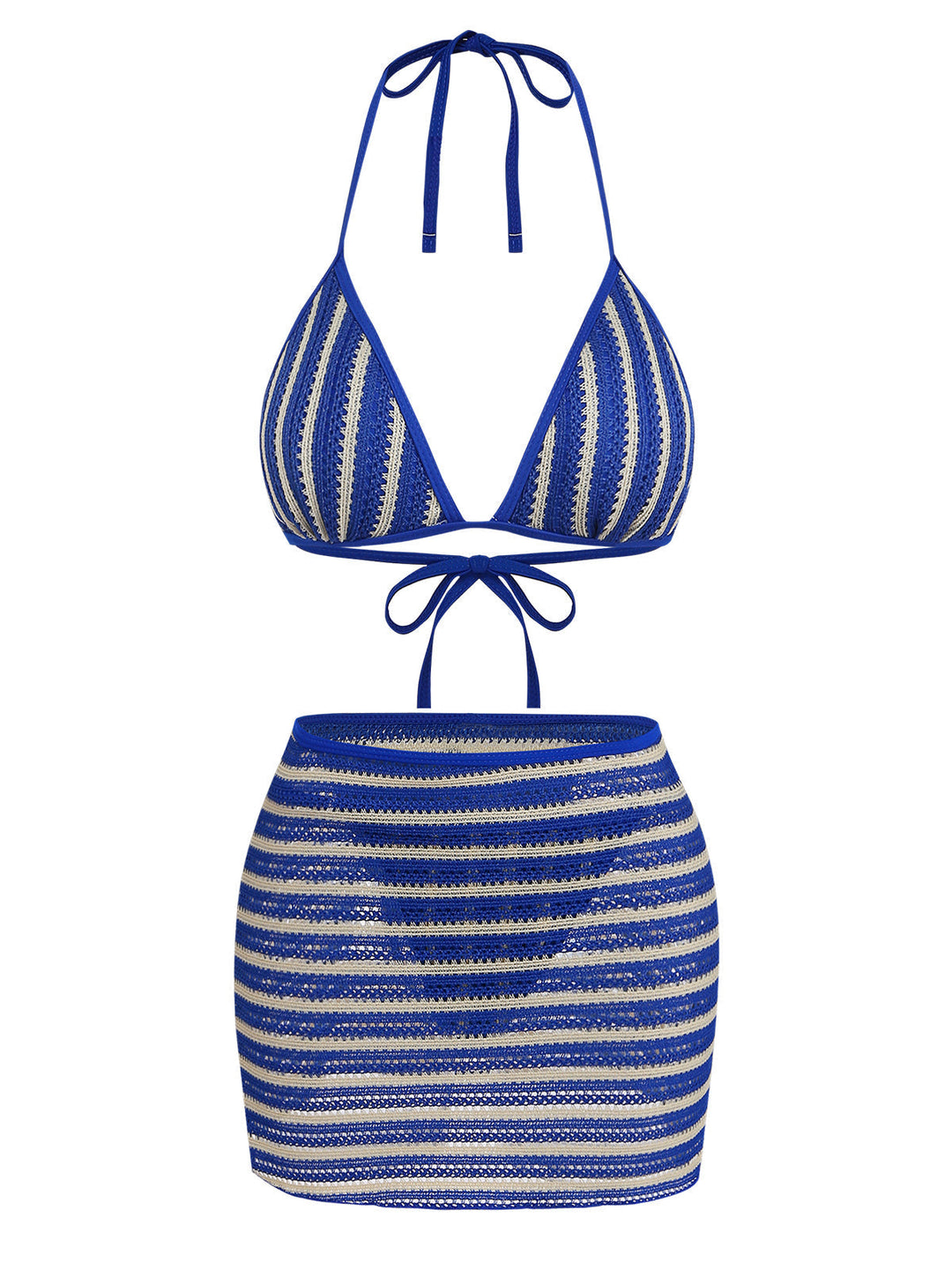 3PCS Blue 1960s Halter Striped Bikini Set &amp; Cover Up - vintage fashion, retro style