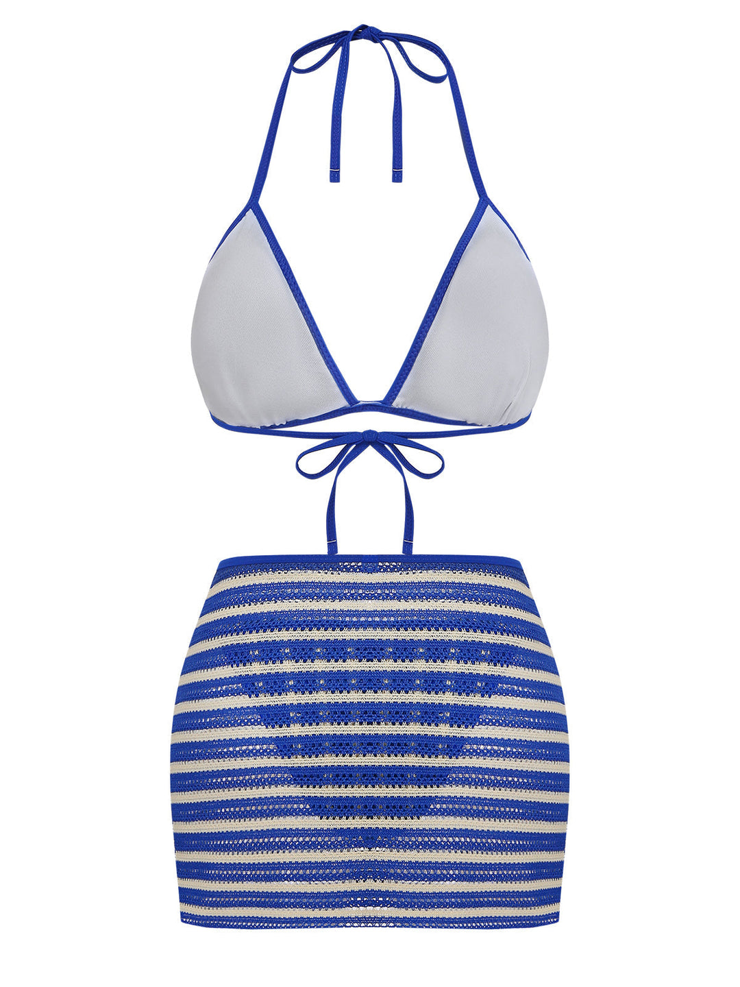 3PCS Blue 1960s Halter Striped Bikini Set &amp; Cover Up - vintage fashion, retro style