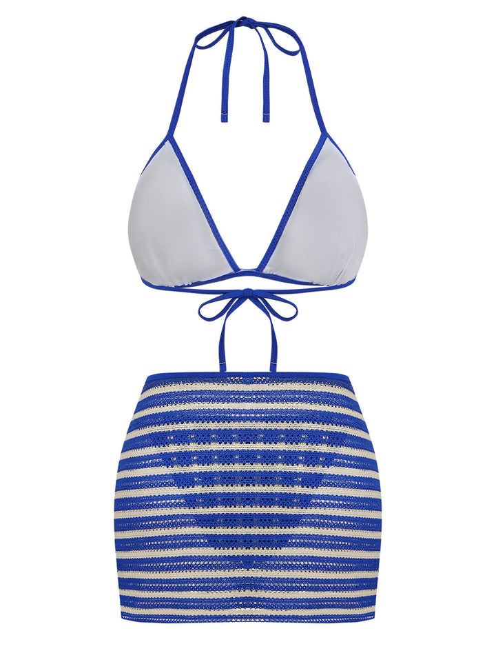 3PCS Blue 1960s Halter Striped Bikini Set &amp; Cover Up - vintage fashion, retro style