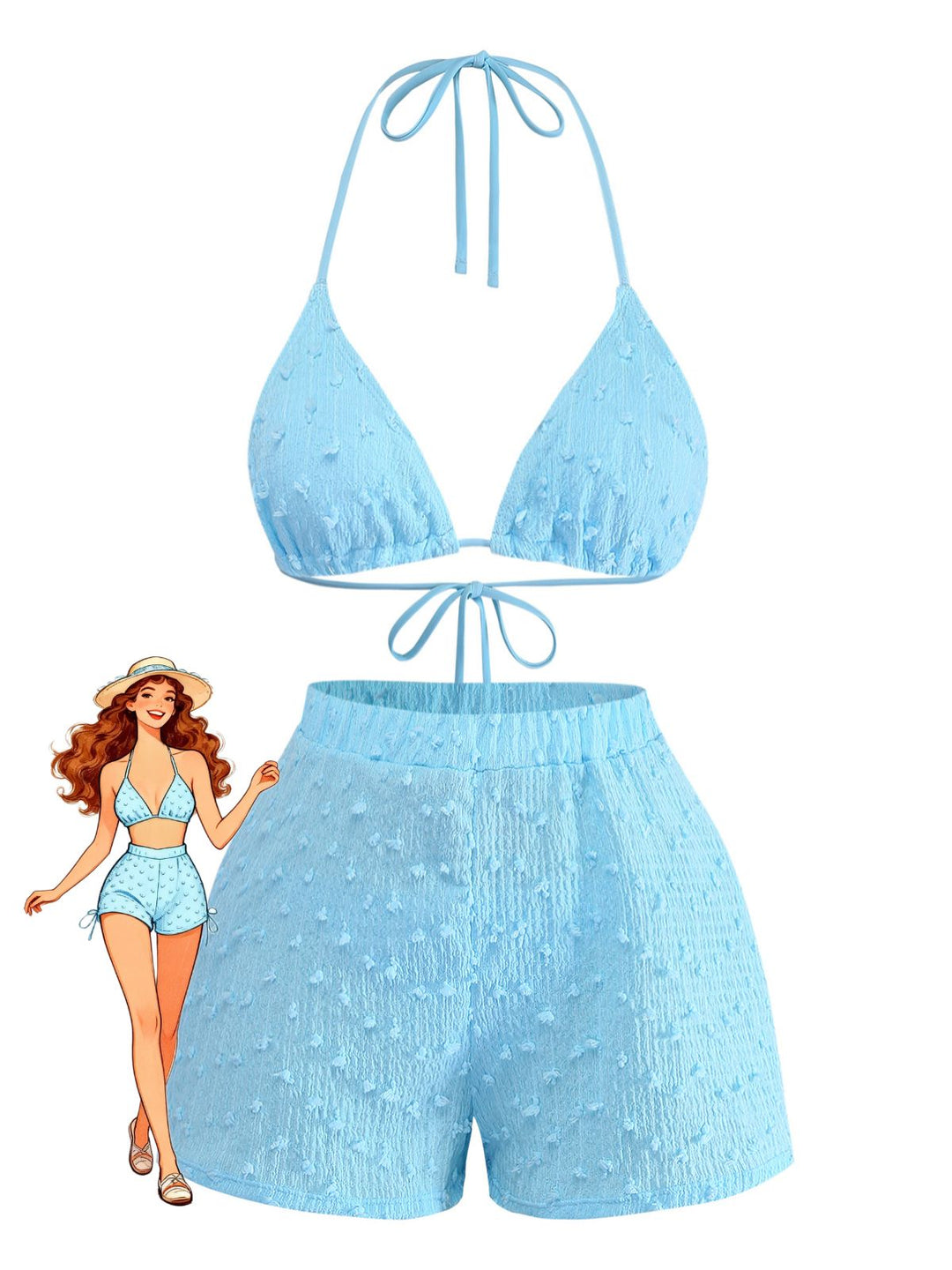3PCS Sky Blue 1960s Triangle Bikini &amp; Tie Shorts Set - vintage fashion, retro style