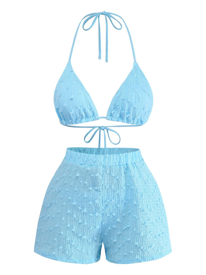 3PCS Sky Blue 1960s Triangle Bikini &amp; Tie Shorts Set - vintage fashion, retro style