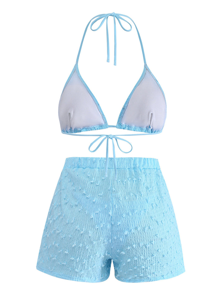3PCS Sky Blue 1960s Triangle Bikini &amp; Tie Shorts Set - vintage fashion, retro style