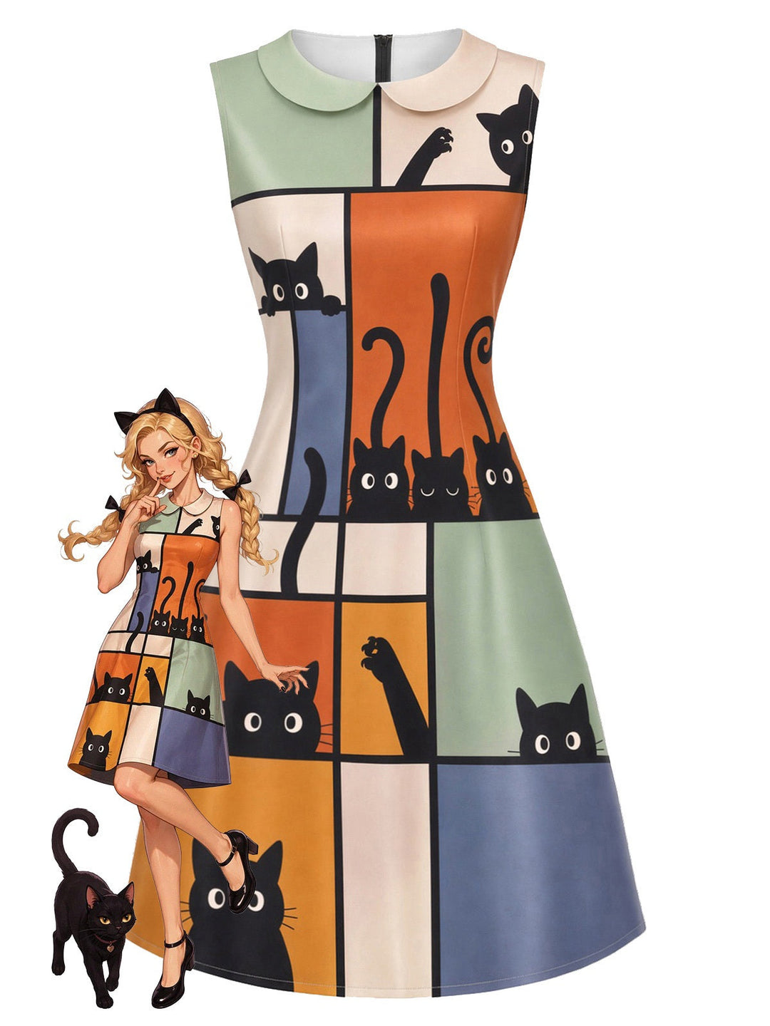 1960s Abstract Art Cat Print Peter Pan Collar A-Line Dress, vintage dress, retro fashion - vintage inspired fashion